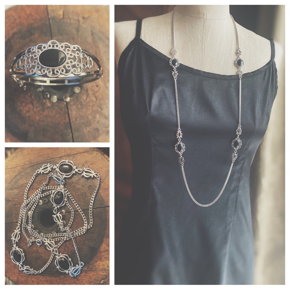 Vintage Sarah Coventry Jewelry Set - Necklace and Bracelet - Black Jet Glass